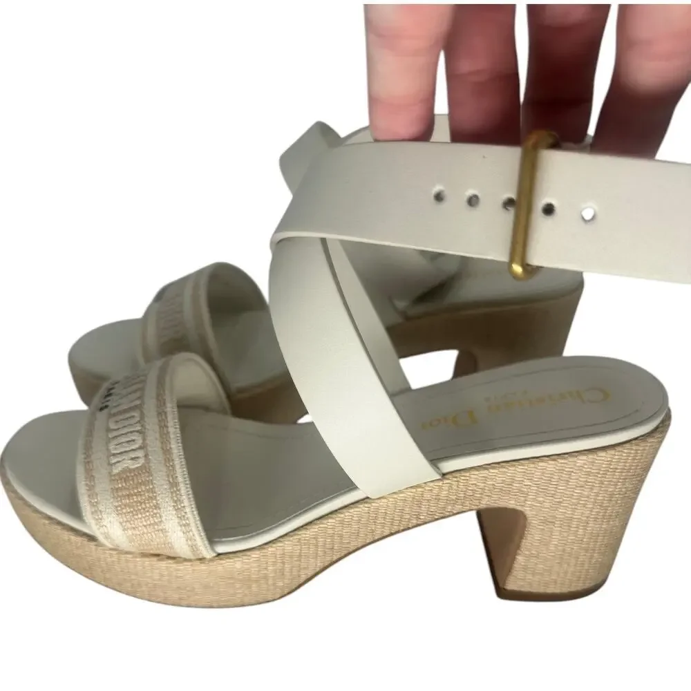 Christian Dior Leather Raffia Dway Embroidered Logo Platfrorm Sandals Beige 37